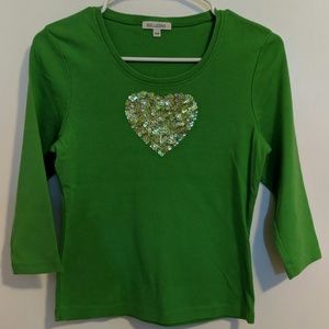 Green long sleeved top with heart sequin